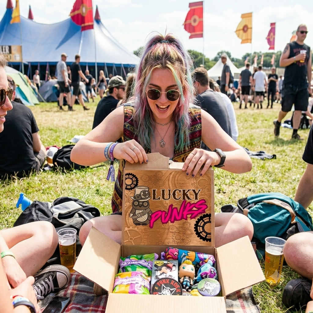 Festival-goer unboxing a Lucky Punks mystery parcel full of goodies