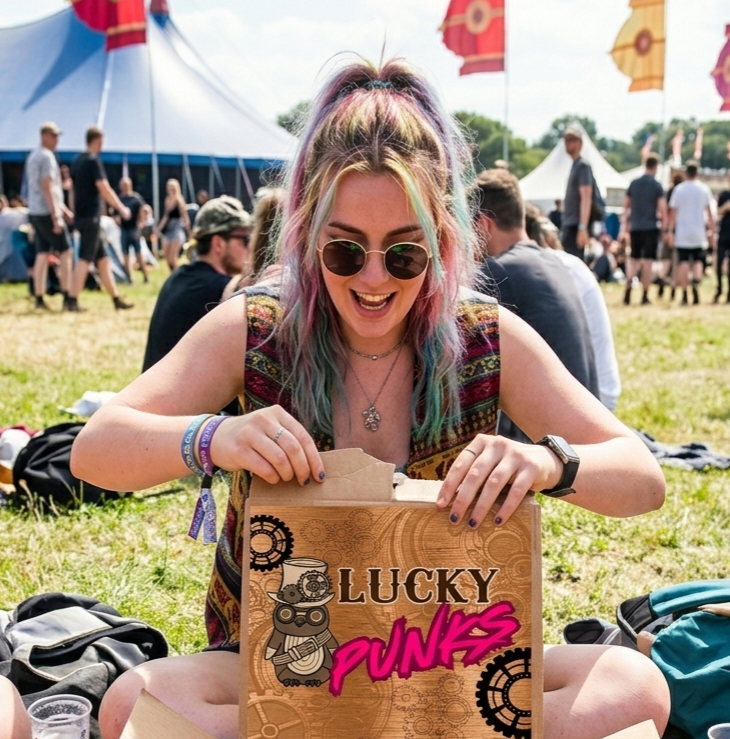 Festival-goer unboxing a Lucky Punks mystery parcel full of goodies