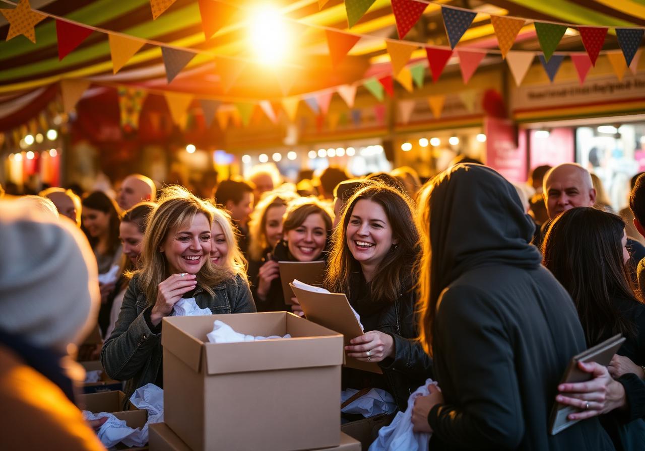 Festival crowd opening parcels at sunset