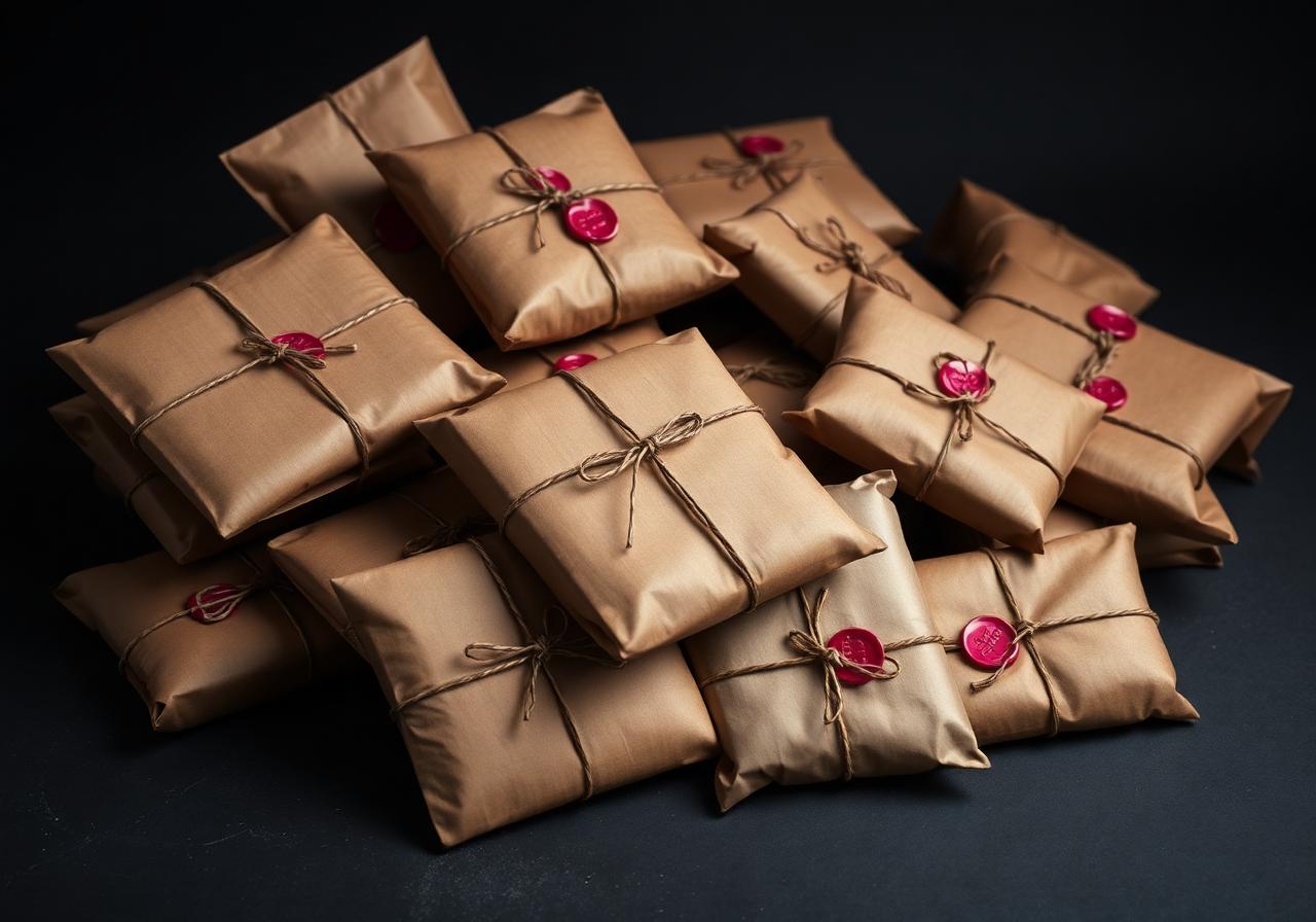 Stack of brown paper mystery parcels with pink wax seals