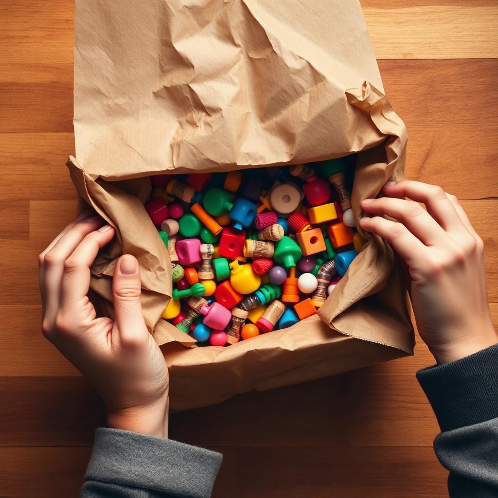 Hands opening a paper parcel of colourful goods